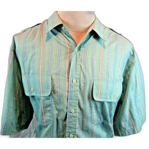 Womens Southern Classics Green Stripe SS Cotton Casual Shirt w Epaulets sz XL